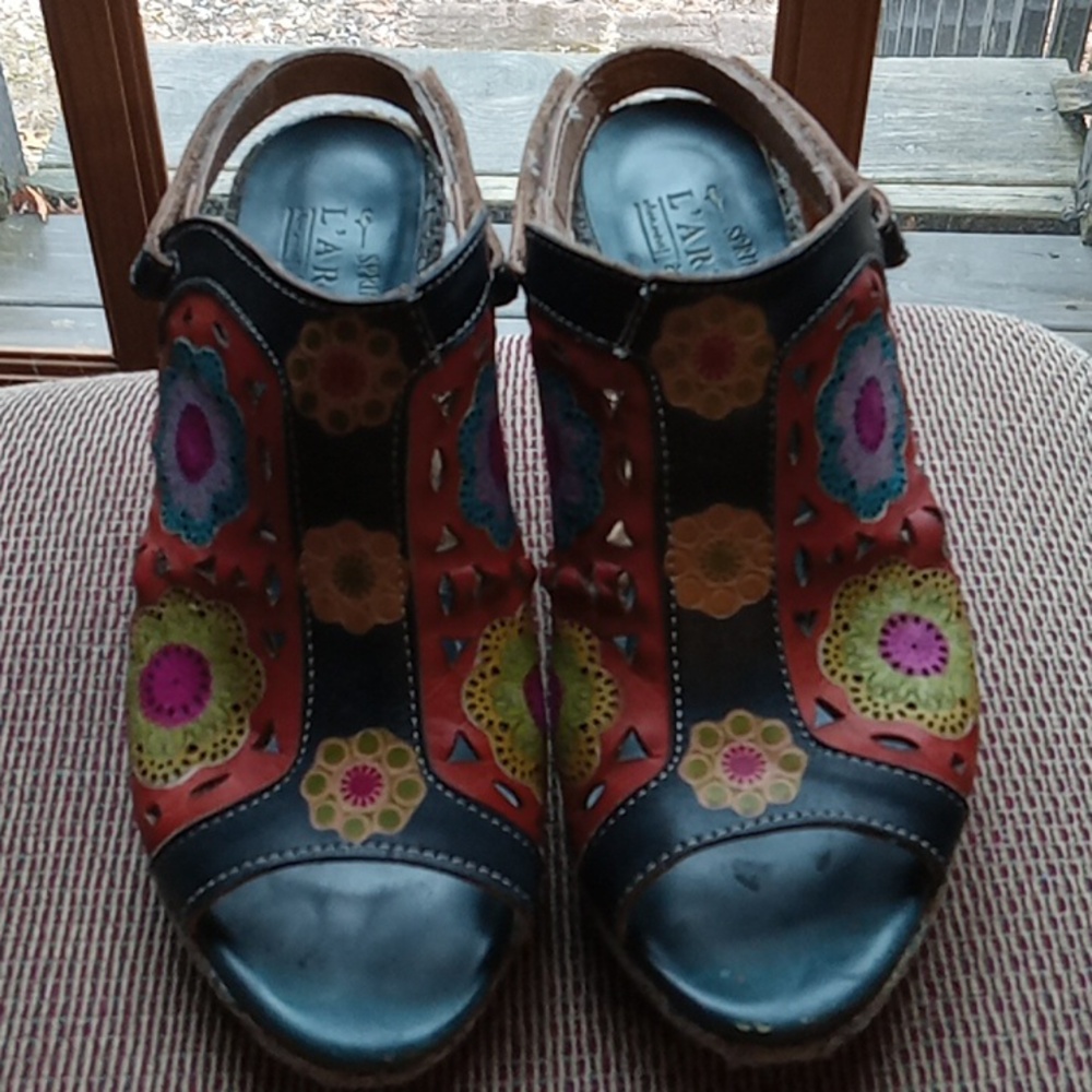 Red and Blue Wedge Shoes with Vibrant Design